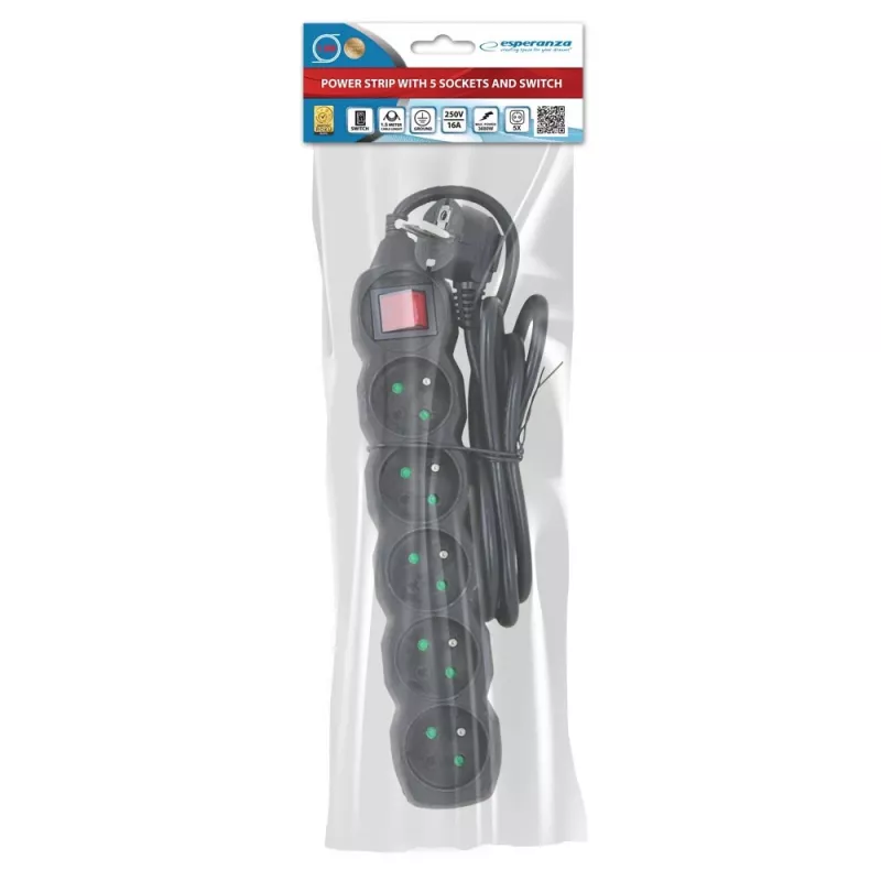 Alargador Esperanza ELK214K cable de 1.5 m 5 tomas Type E para interiores negro