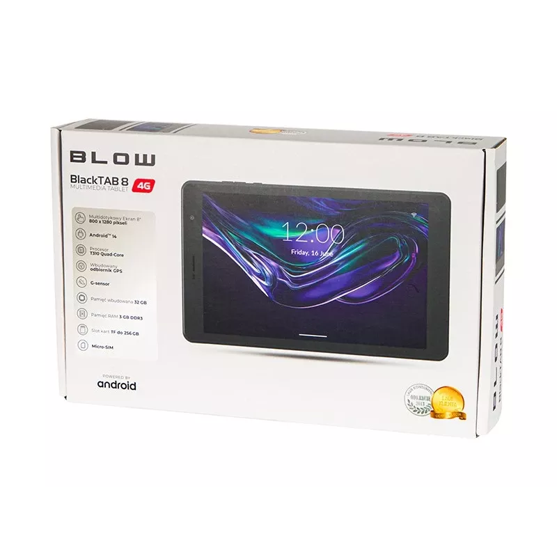 BLOW BlackTAB8 79-071 tableta, 8 pulgadas IPS 1280×800, 3 GB RAM, 32 GB, 4G LTE, Android 14, microSD, negra
