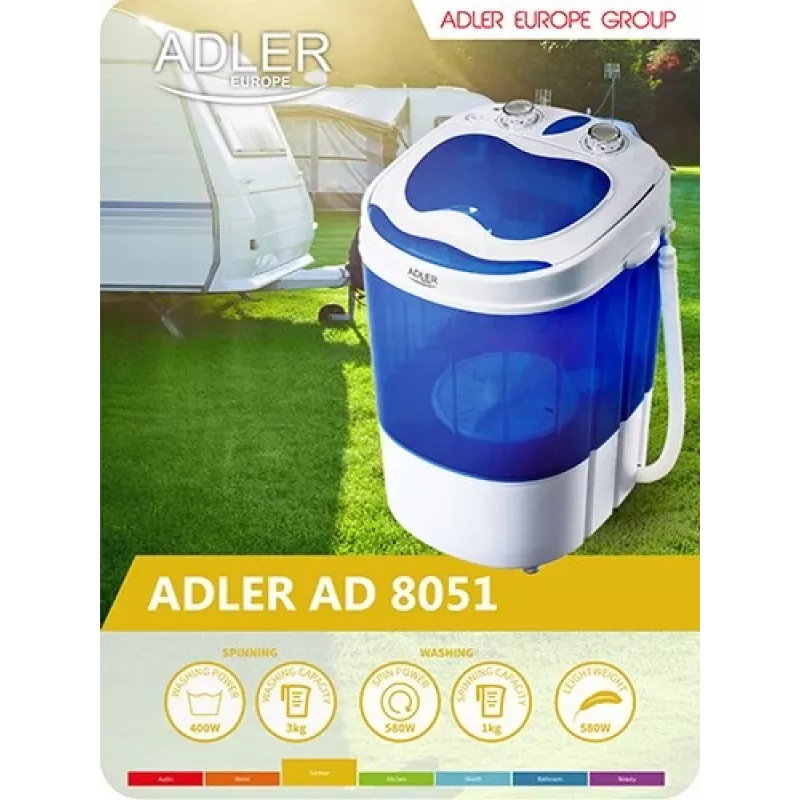Adler AD 8051 lavadora de carga superior 3 kg con centrifugado, semiautomática, anchura 38 cm, profundidad 37 cm, blanco/azul