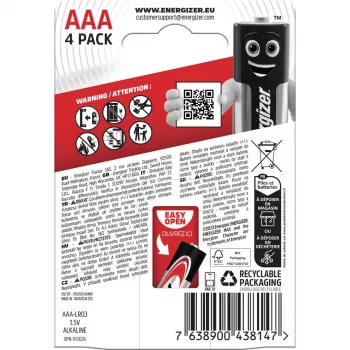 Pilas Energizer Alkaline Max AAA LR03, 4 unidades, envase ecológico