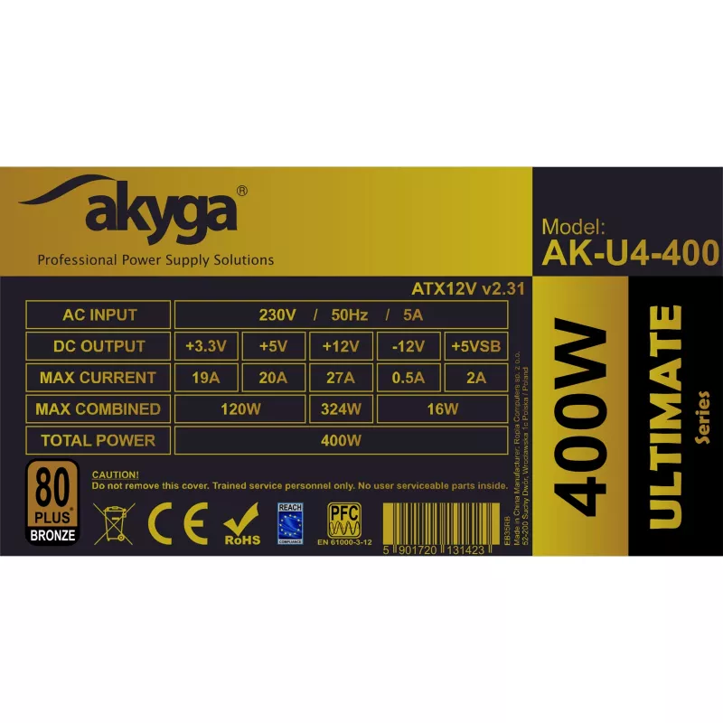 Fuente de alimentación ATX Akyga AK-U4-400 Ultimate 400 W, 80 PLUS Bronze, PFC activo, ventilador de 120 mm
