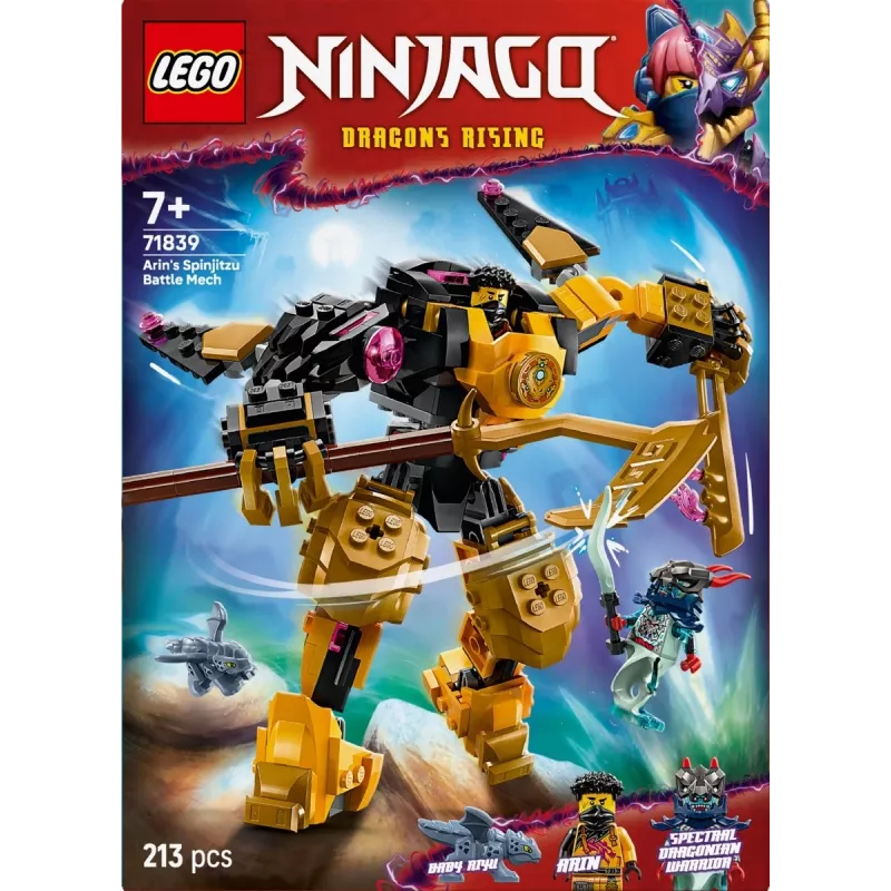 Set de construcción LEGO NINJAGO 71839 Mech de combate Spinjitzu de Arin, 213 piezas, 2 minifiguras, altura 160 mm