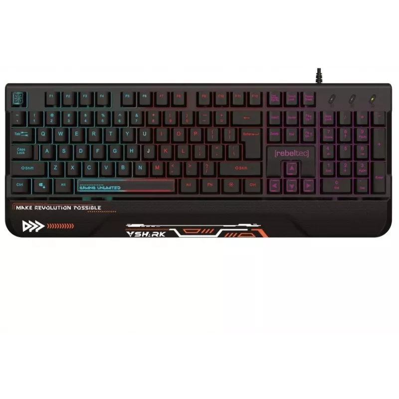 Rebeltec SHARK teclado gaming de tamaño completo, RGB, reposamuñecas integrado, resistente al agua