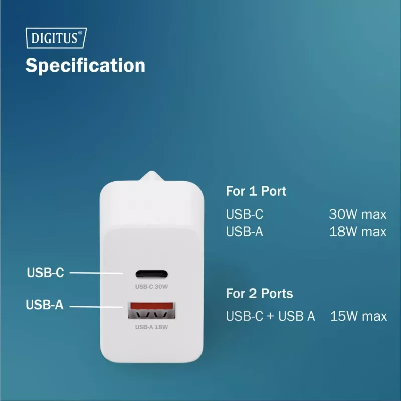 Cargador USB GaN de interior DIGITUS DA-10301 — 30W, 1× USB-C, 1× USB-A, 100–240V, blanco