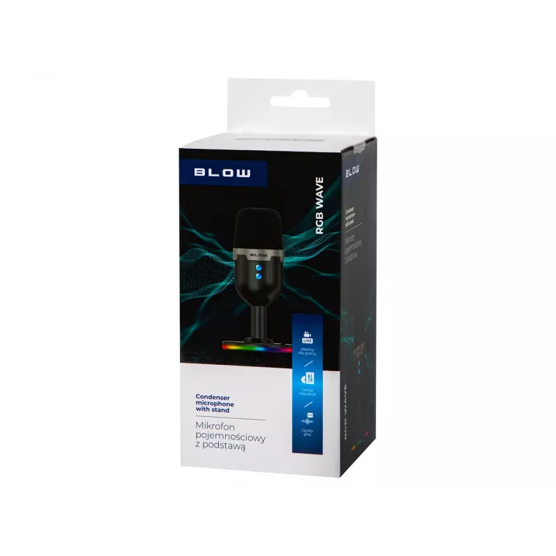 Micrófono de estudio BLOW con soporte LED — USB 2.0 con cable, 20–16000 Hz, sensibilidad -50 dB, 237 g