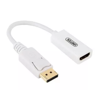 Adaptador convertidor UNITEK DisplayPort DP a HDMI 4K UHD HDTV con baño de oro, conector macho a conector hembra, con audio - Y-6332 blanco