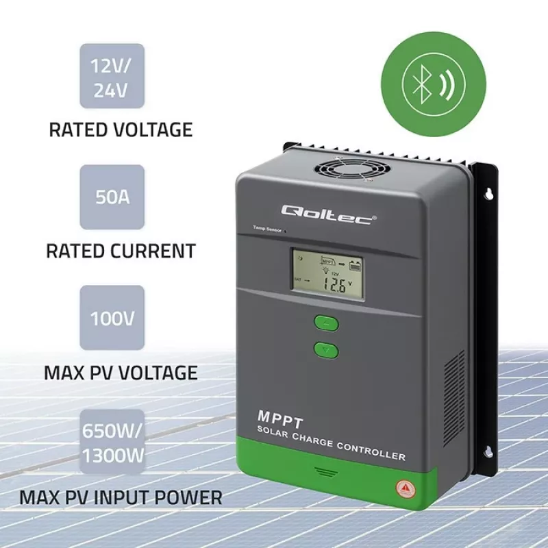 Regulador de carga solar QOLTEC MPPT 50A 12V/24V con LCD, modelo 53664