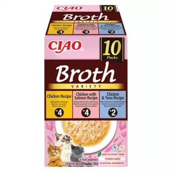 Comida húmeda para gatos en sobre INABA Ciao Broth — pollo, salmón, atún, 10 x 40 g