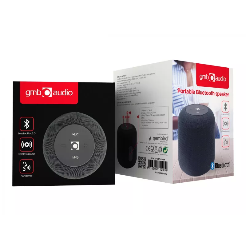Altavoz portátil mono Gembird SPK-BT-15-BK — 5 W RMS, Bluetooth, MicroSD, 1200 mAh, Negro