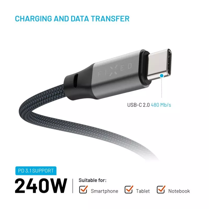 Cable trenzado magnético USB-C a USB-C FIXED FIXDBM-CC2-GR, USB 2.0, funda trenzada, longitud fija, gris