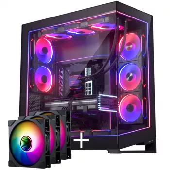 Caja de PC PHANTEKS serie NV NV9 MK2, EATX, DRGB, cristal templado - negra y ventiladores M25 Gen2 PWM D-RGB pack de 3 - Reverse Blade, 140mm, negros + DRG