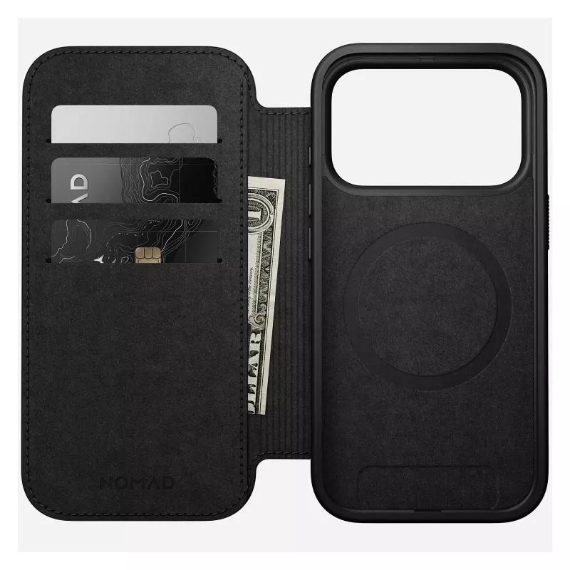 Funda de cuero para móvil Nomad Modern Leather Folio para iPhone 17 Pro, 16 cm (6,3 inch), negra, 4 compartimentos para tarjetas