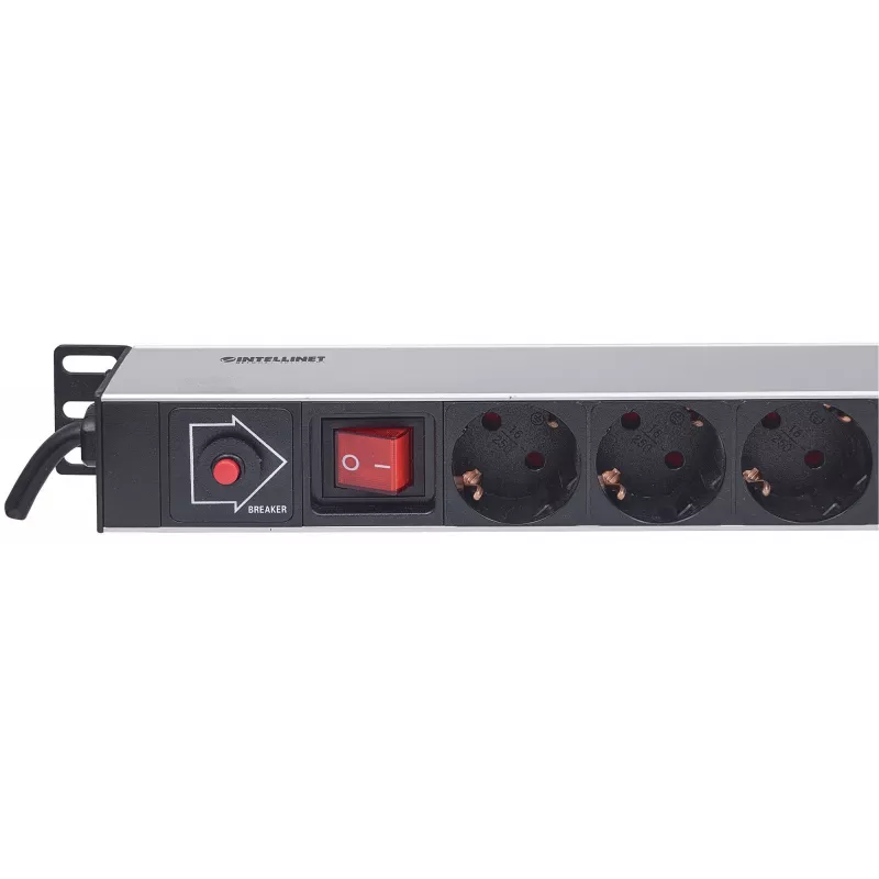 Unidad de distribución de energía (PDU) Intellinet para montaje vertical en rack de 12 salidas, tomas EU CEE 7/3, con interruptor de encendido/apagado y protección contra sobrecargas, cable de alimentación integrado de 1,8 m con conector EU CEE 7/4