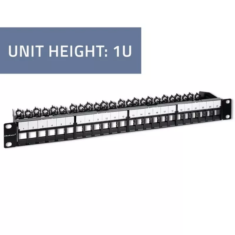 Qoltec 54516 panel de parcheo para rack de 19 pulgadas, 24 puertos, 1U, UTP, negro