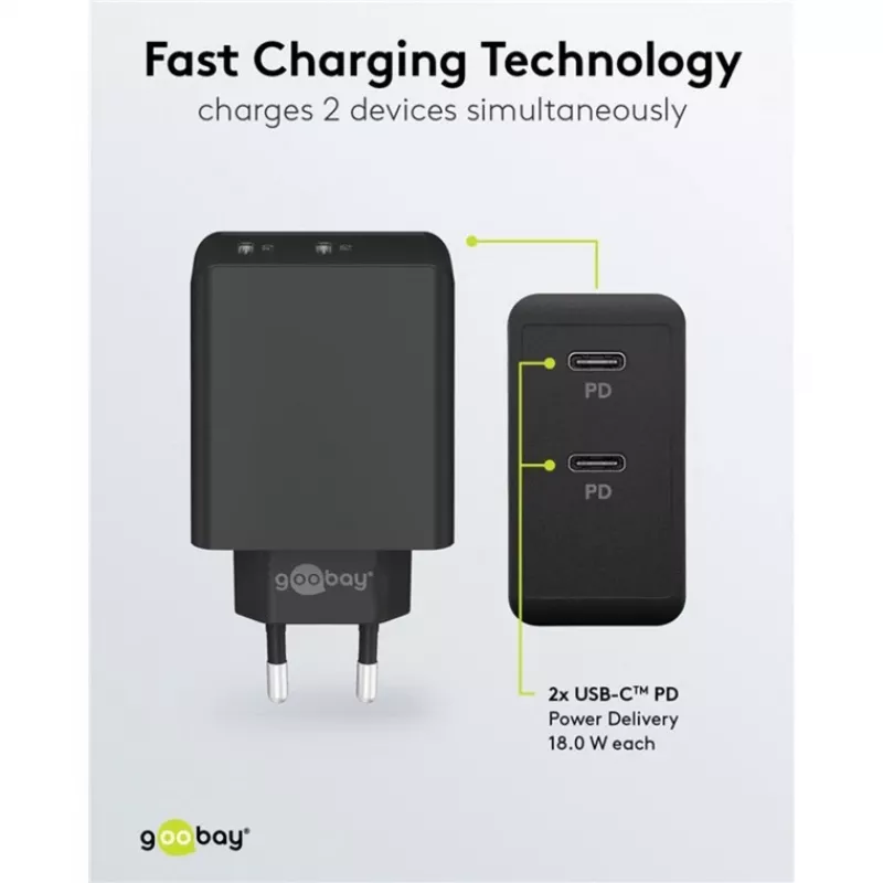 Cargador de interior Goobay 61757 carga rápida USB Type-C 2 puertos negro
