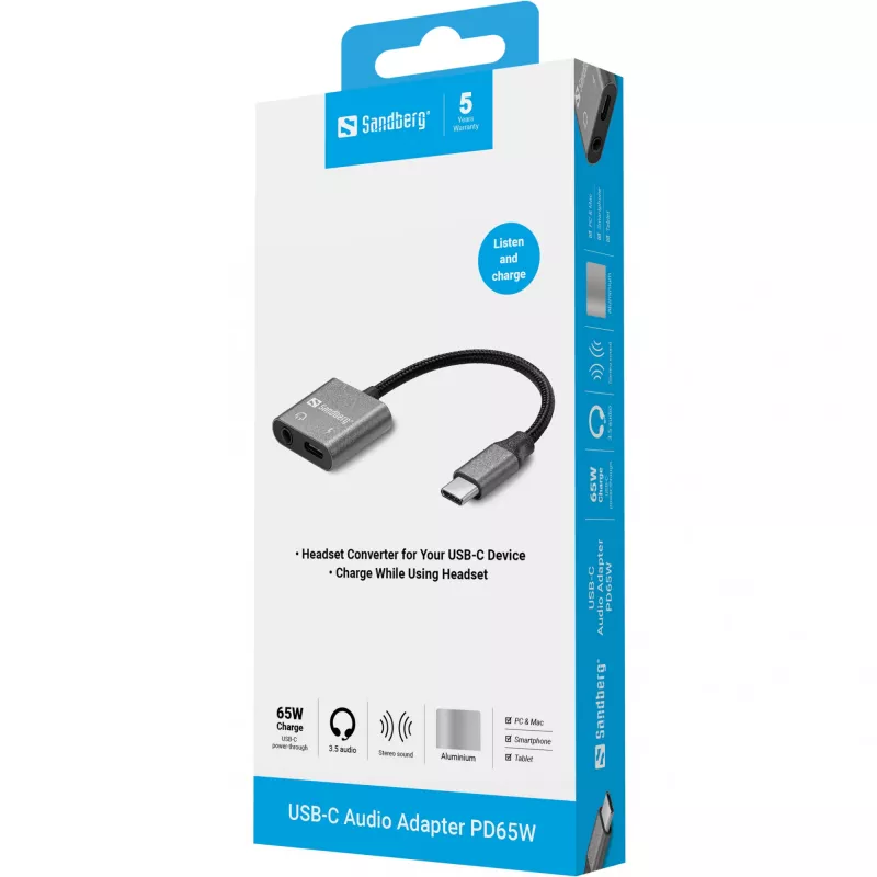 Adaptador de audio USB-C SANDBERG PD65W 136-67 con USB-C PD passthrough
