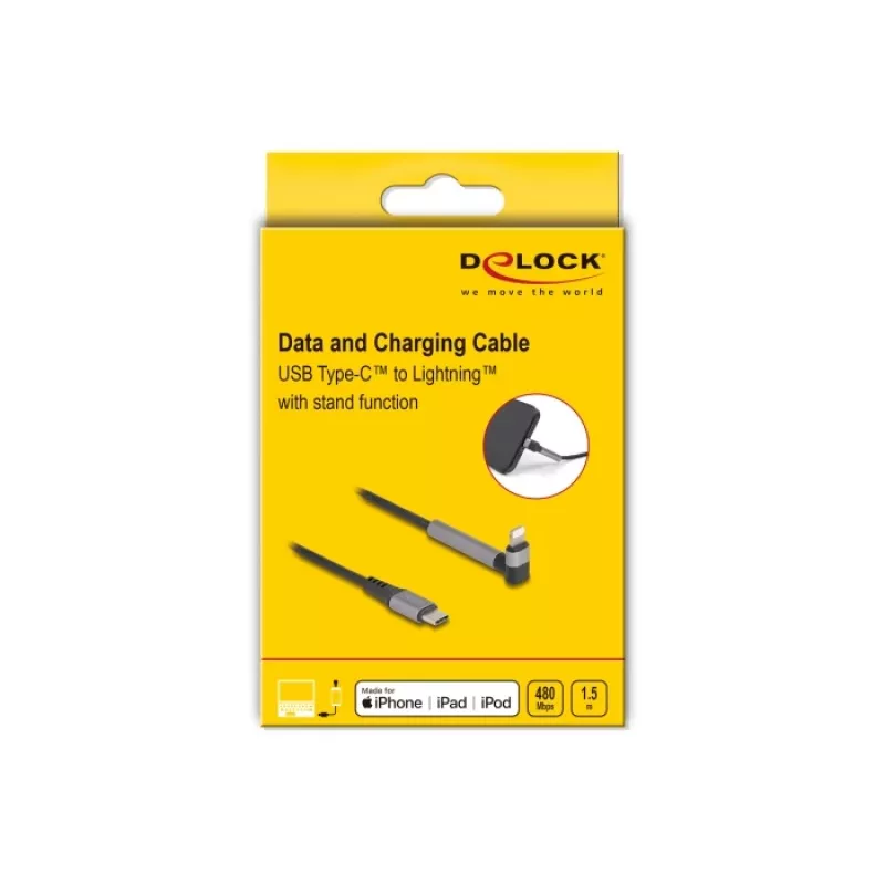 Cable de carga y datos USB Type-C a Lightning con conector en ángulo y función de soporte, DELOCK 1,5 m, 9 V 3 A (MFi)