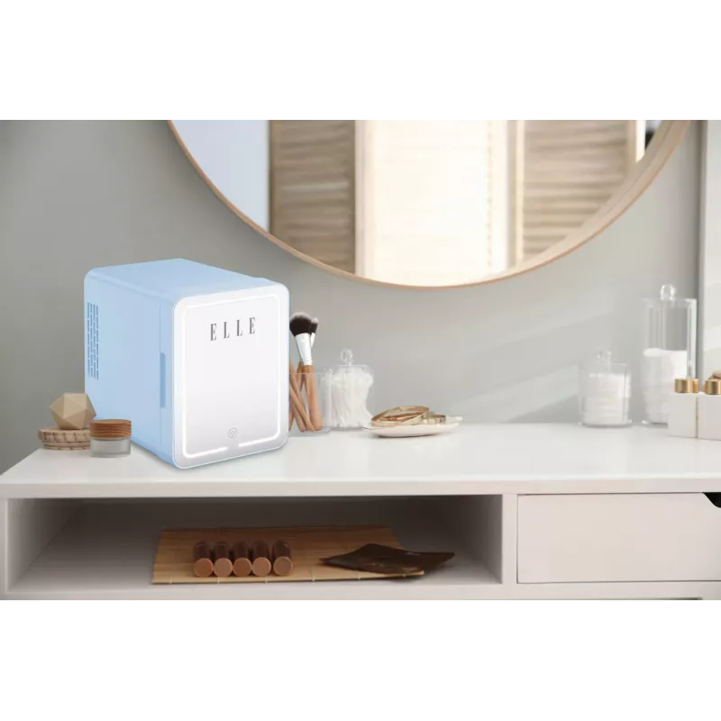Mini nevera con espejo de maquillaje LED Elle 4 L azul — nevera personal para cosméticos