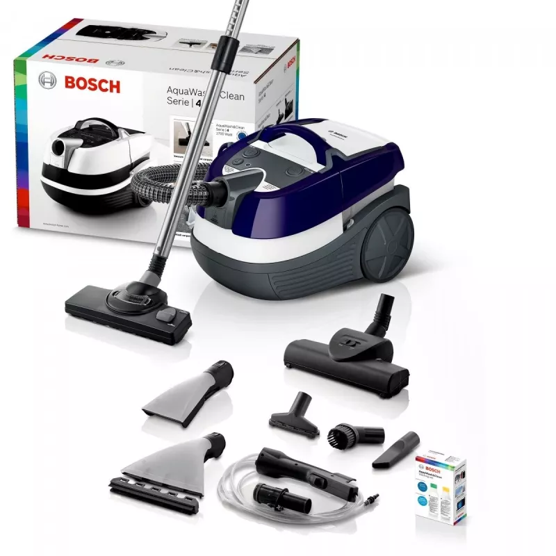 Aspirador en húmedo y seco Bosch BWD 41740 AquaWash&Clean — 1700 W, depósito de 5 litros, filtro EPA, tubo telescópico, radio de 9 m, lila