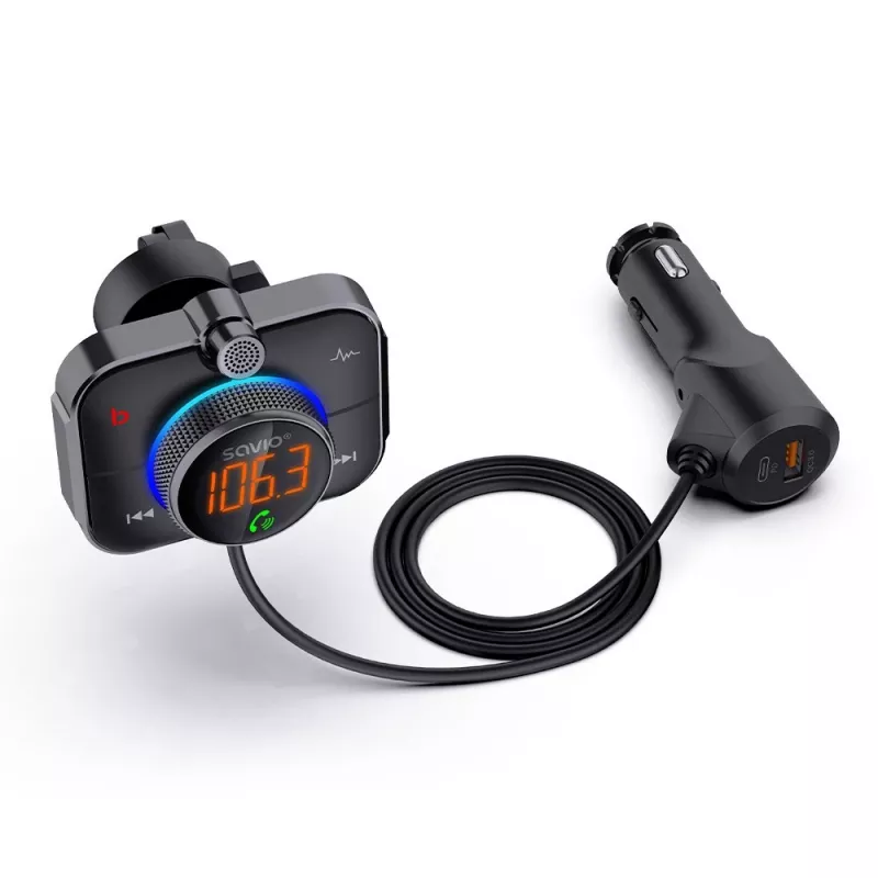 Transmisor FM SAVIO TR-14 Bluetooth USB, FM 87,6–107,9 MHz, MicroSD, USB-C, alimentación de coche 12 V