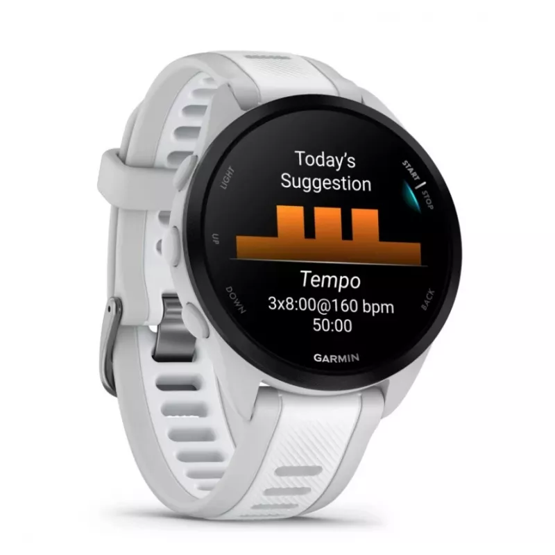 Smartwatch GARMIN Forerunner 165 — GPS, AMOLED 1,2 pulgadas, 4 GB, 5 ATM, 11 días de batería, Caja gris, Correa blanca