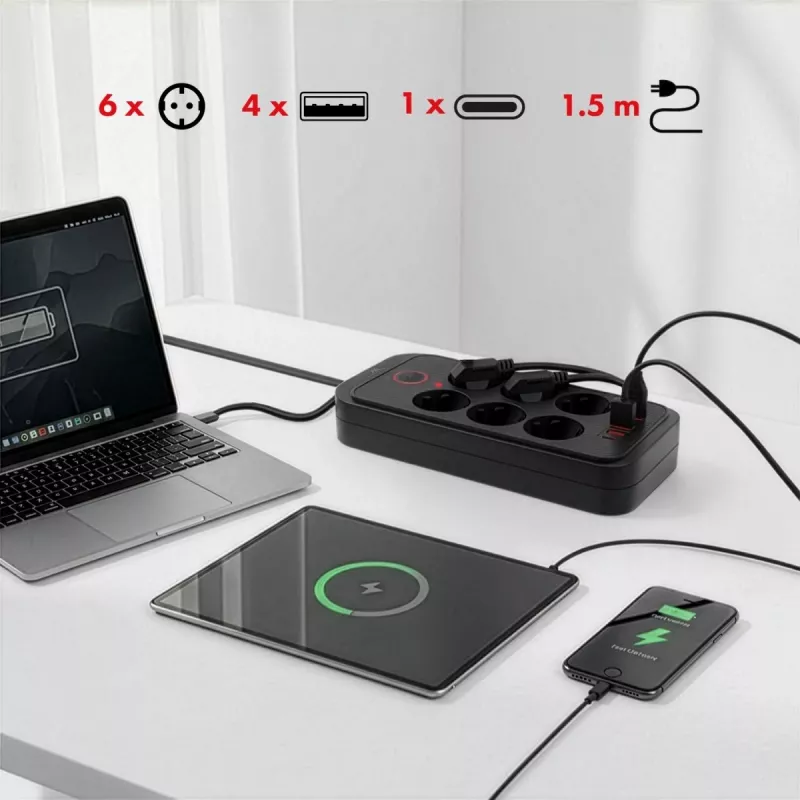 Regleta de enchufes MACLEAN MCE389 B — 6 enchufes, 4×USB-A + 1×USB-C, 110–240V, 2,1A, 2500W, cable de 1,5 m, negra