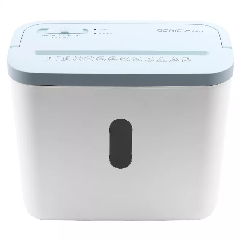 Destructora de documentos genie 440 X Blue — Corte cruzado 4 x 38 mm, cesta de 8 L, 300 W