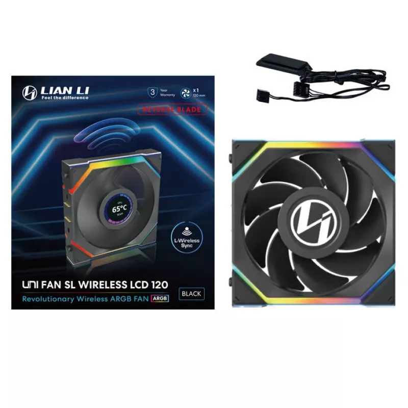 Lian Li UNI FAN SL Wireless LCD 120 12RSLLCD1W1B Reverse Blade ventilador de caja, 120 mm, ARGB, PWM, negro