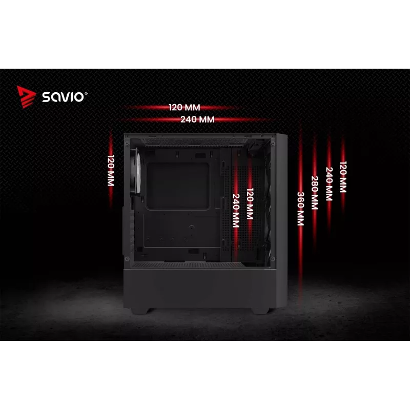 Caja de PC SAVIO Noctis Flow RGB — Cube, ATX/Mini-ITX, 3 ventiladores frontales de 120 mm, ventana lateral de cristal templado, GPU máx. 35 cm