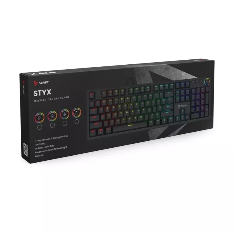 SAVIO STYX teclado mecánico gaming, interruptores Outemu Red, hot-swap, tamaño completo, distribución US, RGB, USB con cable, cable de 1,5 m, negro
