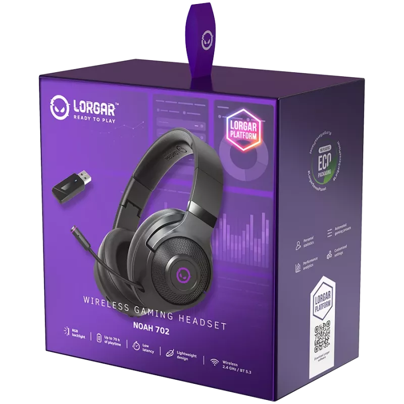Lorgar Noah 702 (LRG-GHS702) auriculares gaming inalámbricos, Bluetooth 5.3, receptor USB, AUX de 3,5 mm, drivers de 40 mm, 1000 mAh, RGB, negros