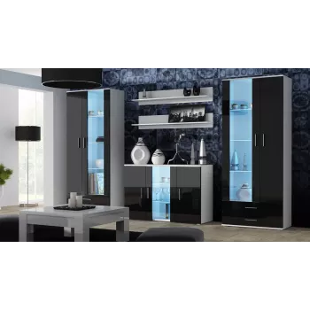 Aparador Cama Meble SOHO S7 120 cm – 3 puertas, 4 baldas, parte superior blanca, negro brillante