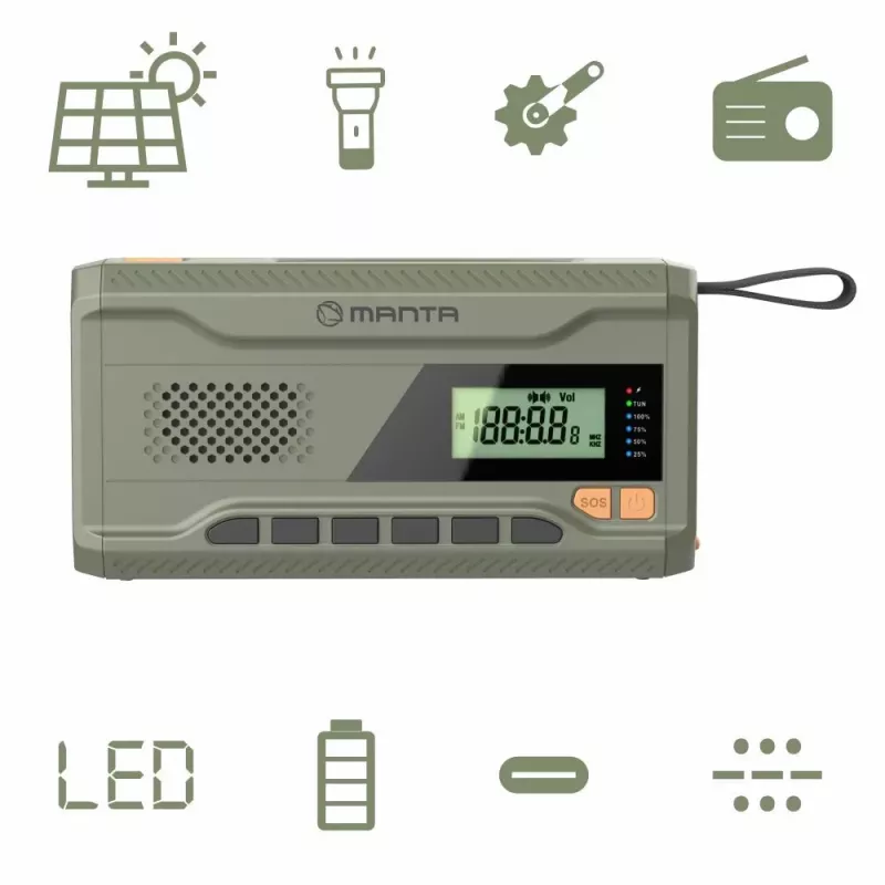 Radio FM portátil MANTA RDI401G con panel solar, dinamo, batería de 4000–4500 mAh, salida USB de 5 V, 3 W, linterna