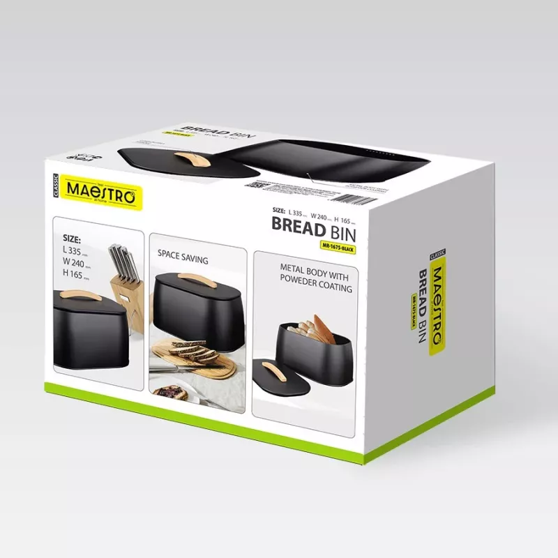 Panera de pan Maestro MR-1675-Negro, recipiente para guardar pan negro