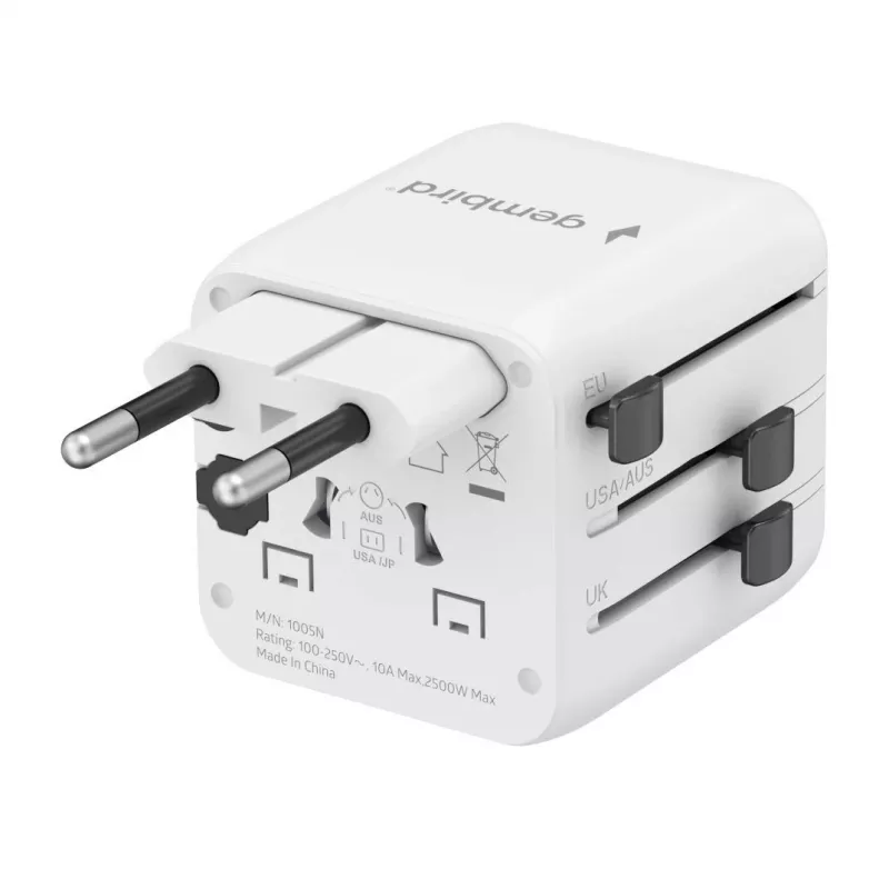 Adaptador de viaje universal GEMBIRD TPA-INT-01-W — entrada 100–250 V, conector Type-G, dimensiones compactas 84×56×85 mm