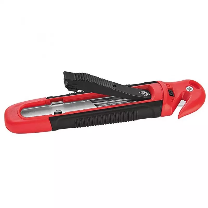WEDO 78805 cúter de seguridad Standard, hoja trapezoidal, retracción automática de la hoja, bloqueo de seguridad, incl. cortador de láminas, negro/rojo
