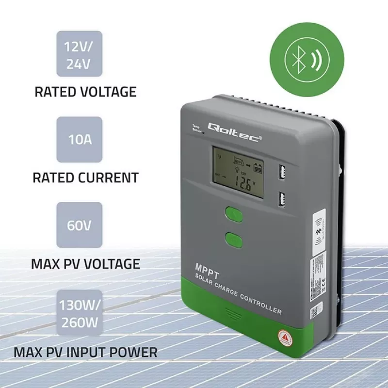 Regulador de carga solar MPPT QOLTEC 10A para sistemas de 12V/24V con pantalla LCD