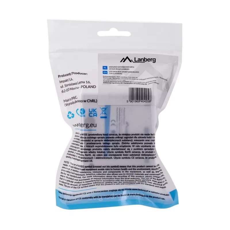 Rosa de superficie RJ-45 Cat6 OU6-0002-W blanca, 2 tomas, 30×54×57 mm