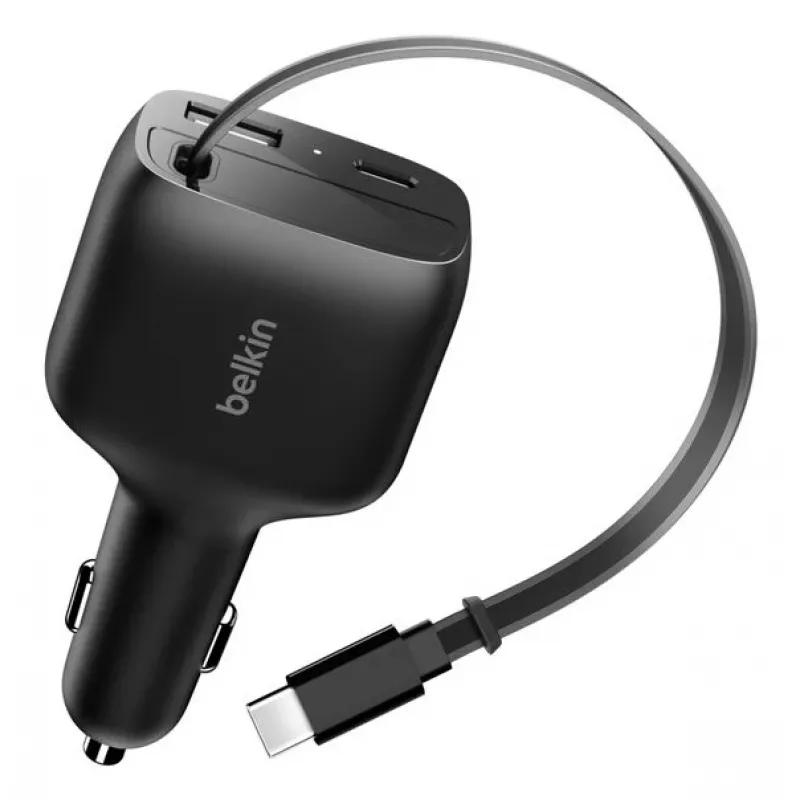 Belkin 75W 2 puertos con cable USB-C retráctil para coche - Cable (CCC001HQBK)