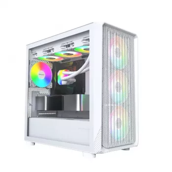 Caja de PC Montech X5M (W) Micro Tower, Blanco — Micro-ATX/Mini-ITX, compatible con fuentes ATX, 3x120 mm frontal, 1x120 mm trasero, 2 bahías de 3,5