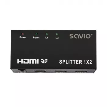 Divisor de vídeo HDMI SAVIO CL-42 — 2 salidas HDMI, 1920x1080, color de 36 bits, carcasa de metal, 5V/1A