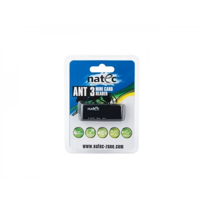 Natec MINI ANT 3 Lector de tarjetas USB 2.0 (SD, SDHC, MMC, M2, microSD), Negro (NCZ-0560)