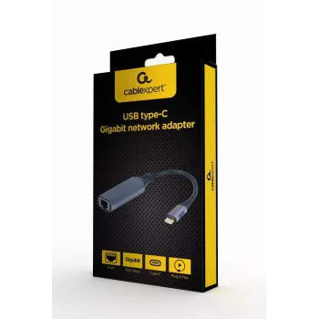 Adaptador de red Gembird A-USB3C-LAN-01 Type-C USB 3.2 Gen 1, Gigabit RJ-45, cable de 0,15 m, carcasa metálica, gris/negro