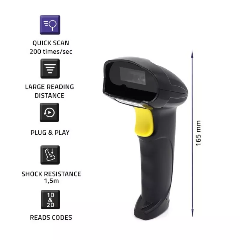 Qoltec 50853 lector láser de códigos de barras portátil 1D/2D, USB con cable, cable de 1,65 m, 97x65x167 mm, 105 g, negro