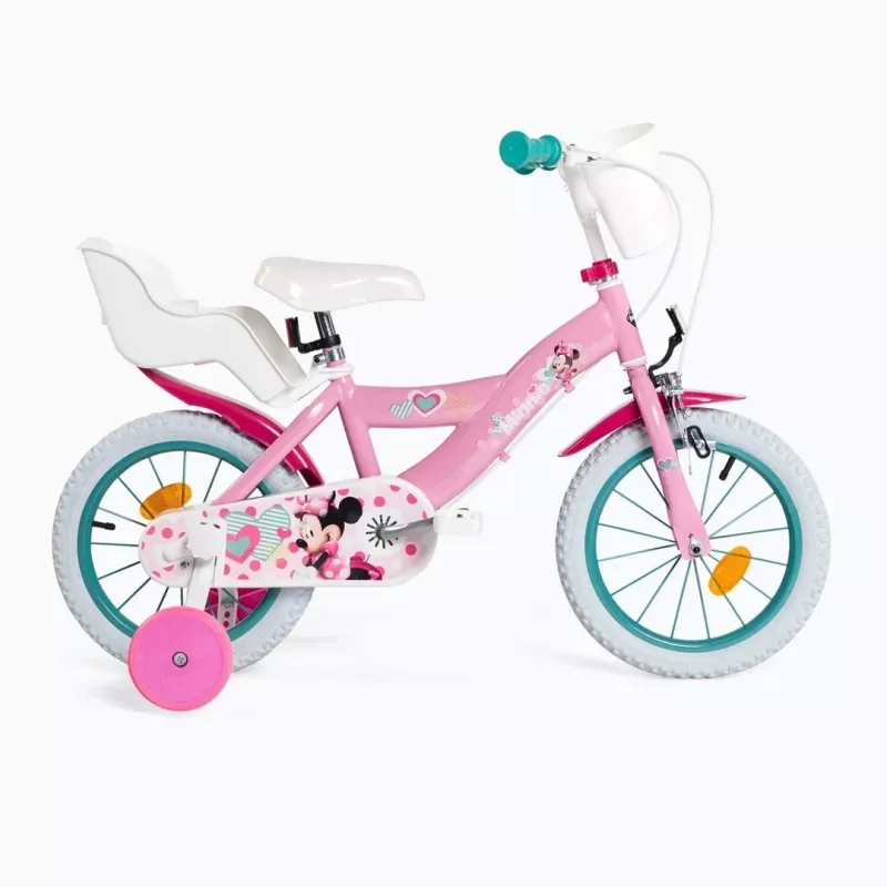 Bicicleta infantil HUFFY 24951W Minnie, ruedas de 14 pulgadas, cuadro de acero, neumáticos, frenos de llanta delantero/trasero, ruedines