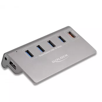 DeLOCK hub USB 10 Gbit/s 4 puertos Type-A 1 puerto de carga rápida