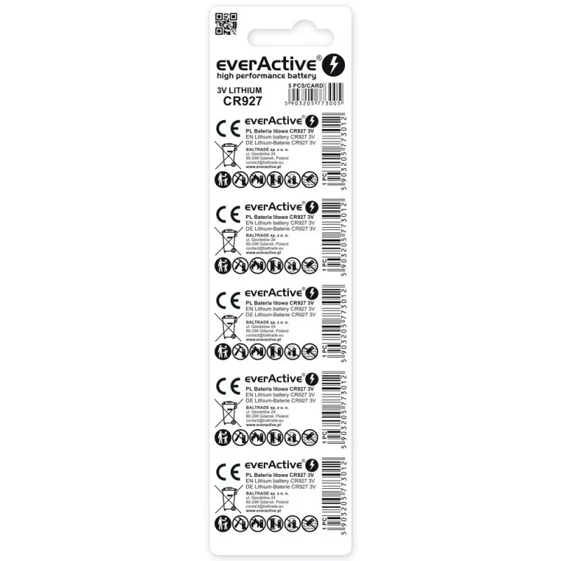 Pila de botón de litio everActive CR927 3V, 30 mAh, pila de botón, altura 2,7 mm — pack de 5