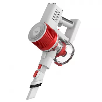 Aspirador de escoba con batería Adler AD 7051 — 300 W máx, batería de 22,2 V, 0,6 L sin bolsa, tubo de acero inoxidable, EPA F8, luz LED, blanco/rojo