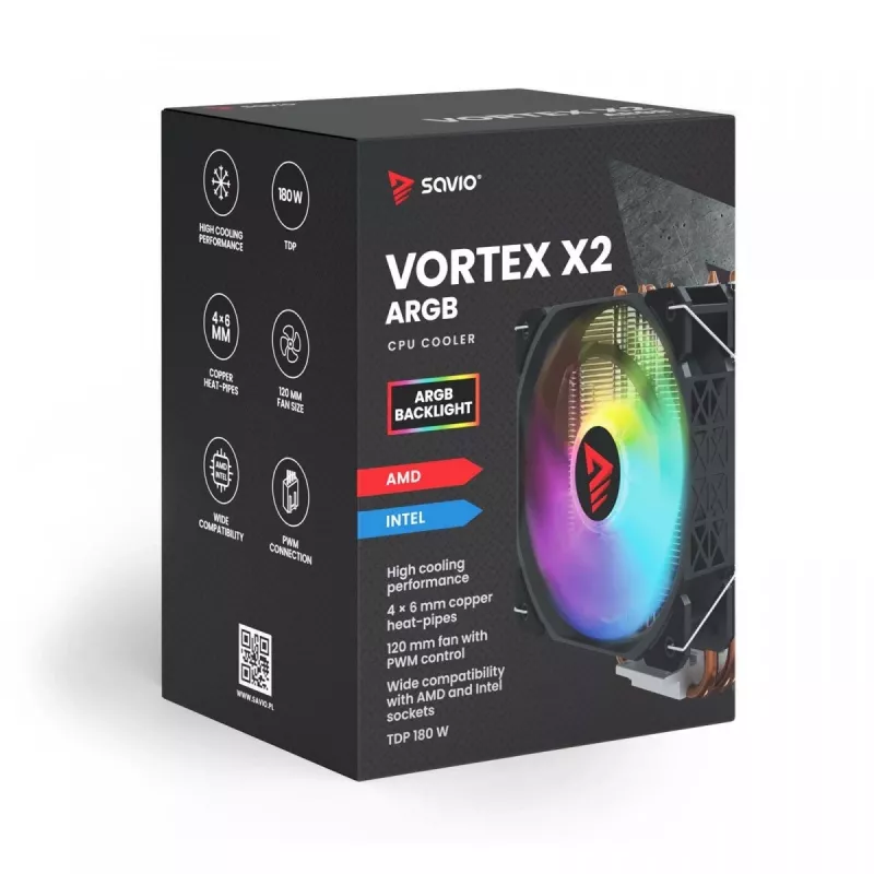 Disipador de CPU por aire SAVIO SAVGCOVORTEXX2ARGB con 4 heatpipes, ventilador ARGB de 120 mm, negro