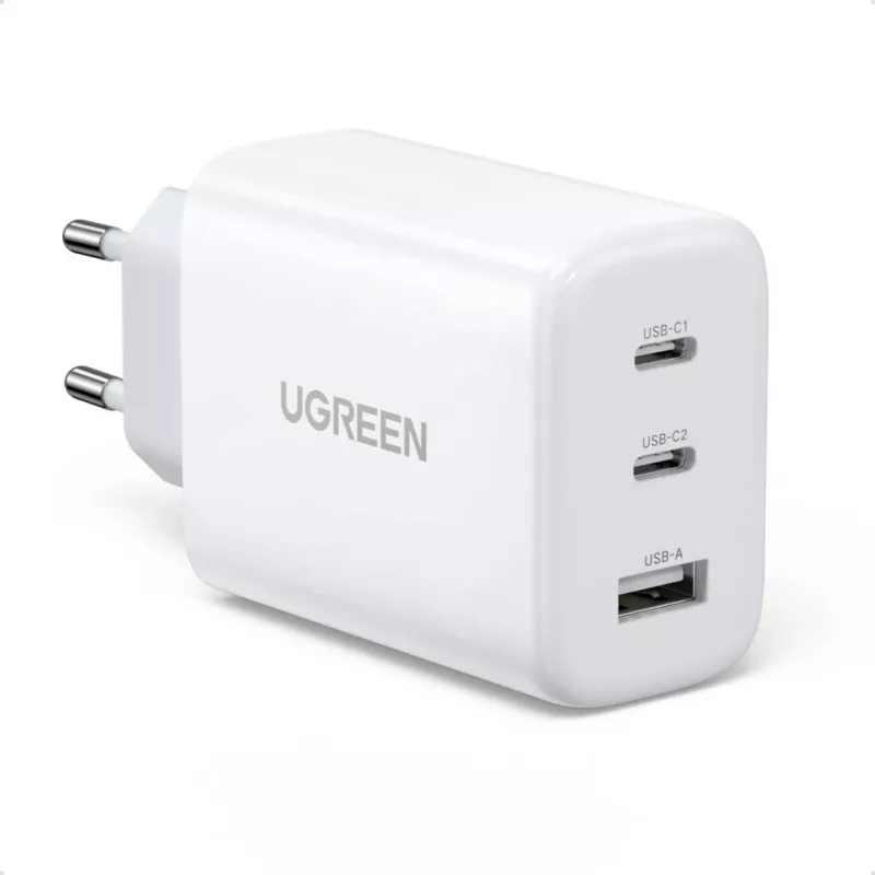 Cargador de pared UGREEN CD275 2× USB Type-C 65W Blanco — Doble USB-C 65W carga rápida, entrada 100–240V